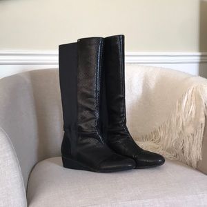 Faux snake skin black knee high boots